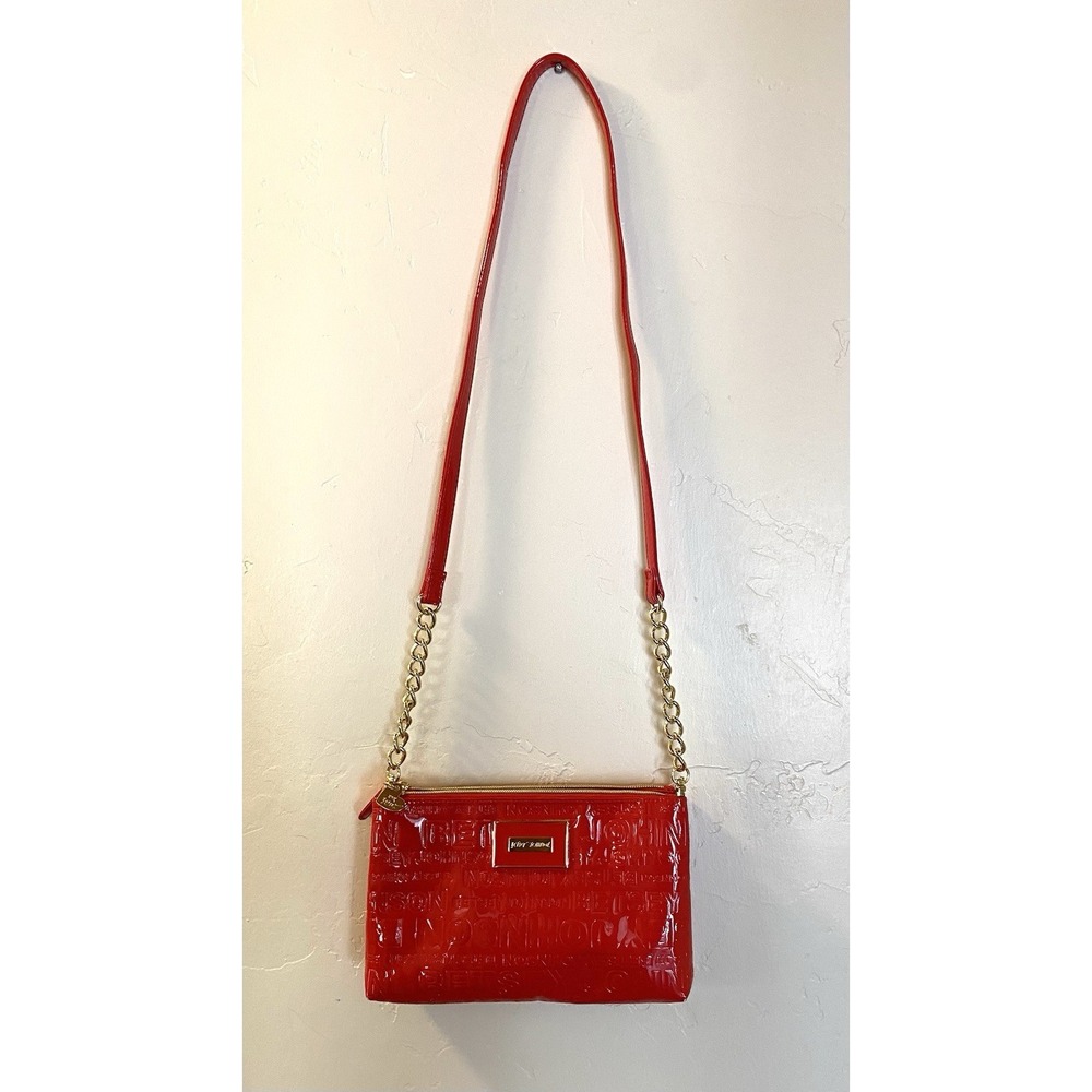 Betsey Johnson Signature LUV Red Patent Double Pouch Chain Crossbody Purse READ
